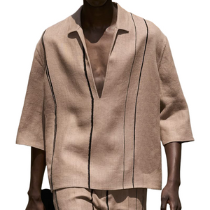 Men's Spring And Summer Fashion Casual V-neck Cotton And Linen Three-quarter Sleeve Shirt