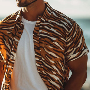Men's Summer Retro Tiger Print Casual Short Sleeve Shirt