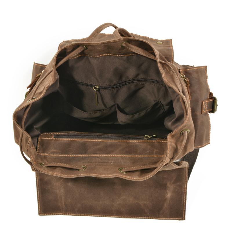Men's Vintage Beeswax Canvas Outdoor Leather Multi-Pocket Backpack
