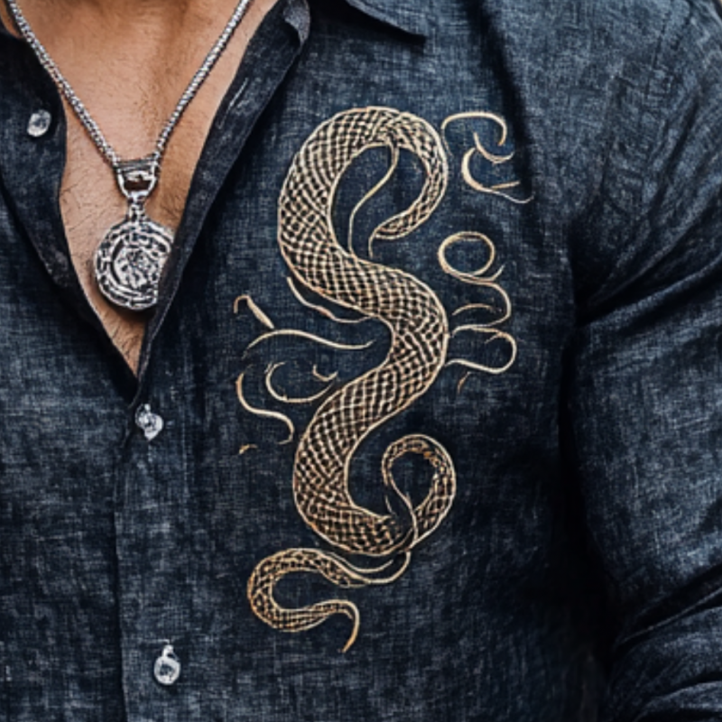 Lässiges Herrenhemd aus Leinen mit Schlangenstickerei und Revers in Slim Fit