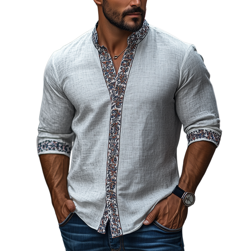 Herren Frühling Klassisches Retro Ethno Bedrucktes Langarmhemd mit Stehkragen