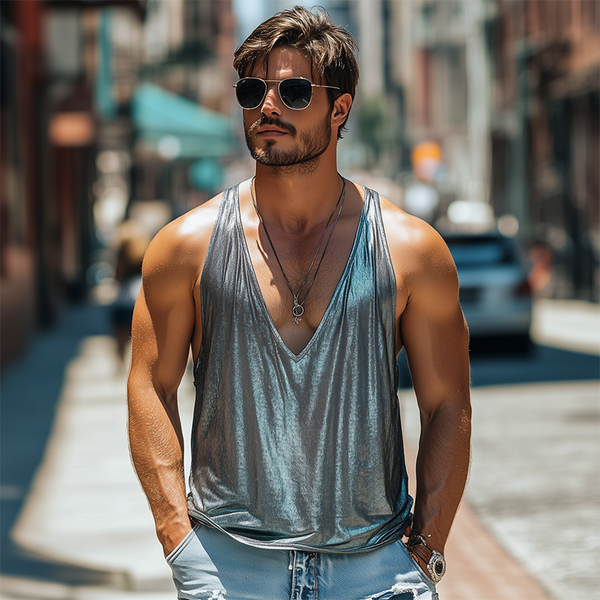 Herren Frühlings- und Sommermode Sexy Tanktop aus Seide und Baumwolle mit tiefem V-Ausschnitt
