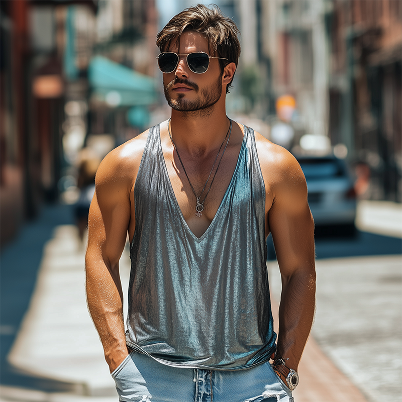 Herren Frühlings- und Sommermode Sexy Tanktop aus Seide und Baumwolle mit tiefem V-Ausschnitt