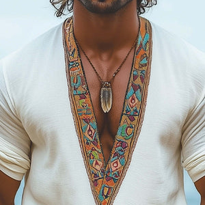 Herren Sommer V-Ausschnitt Retro Stickerei Lässiges Langarm T-Shirt