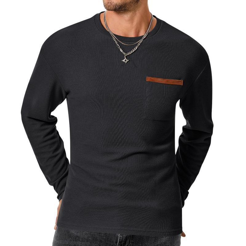 Lässiges Herren-T-Shirt mit Waffelmuster, Rundhalsausschnitt, aufgesetzter Tasche, Slim Fit, Langarm