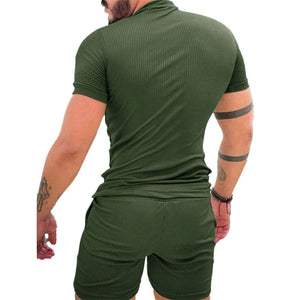 Men's Striped Textured Shorts Short Sleeve Two-Piece Set