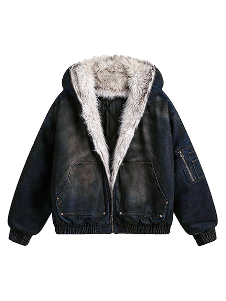 Washed Denim Fur Hooded Jacket