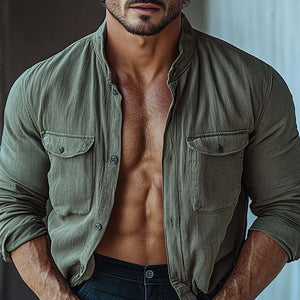 Men's Striped Textured Stand Collar Long Sleeve Shirt