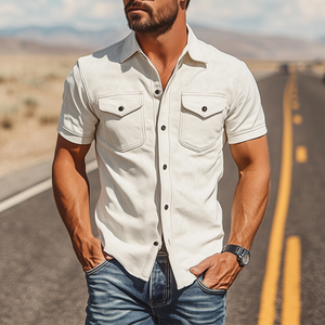 Men's Spring Fashion Casual Slim Fit Multi-Pocket Thin Suede Short Sleeve Shirt