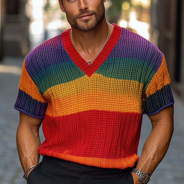 Men's Rainbow Stripe Knitted Short Sleeve Sweater T-Shirt