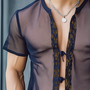 Herrenhemd im Retro-Stil, lässig, mit Barock-Print, Netzstoff, Krawatte, kurzärmelig