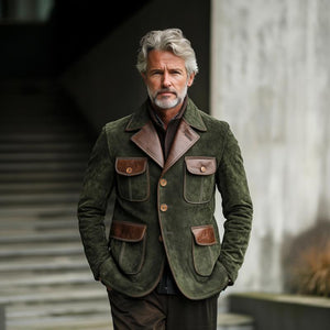 Men's Vintage Suede And Leather Multi-Pocket Single-Breasted Blazer