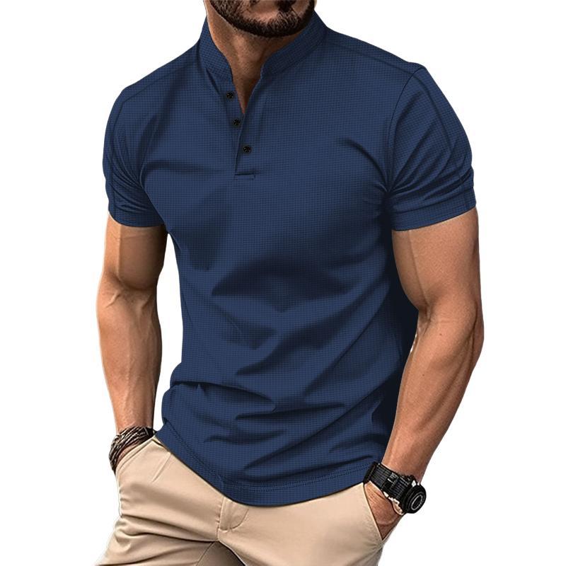 Men's Casual Stand Collar Waffle Slim Fit Short Sleeve T-Shirt