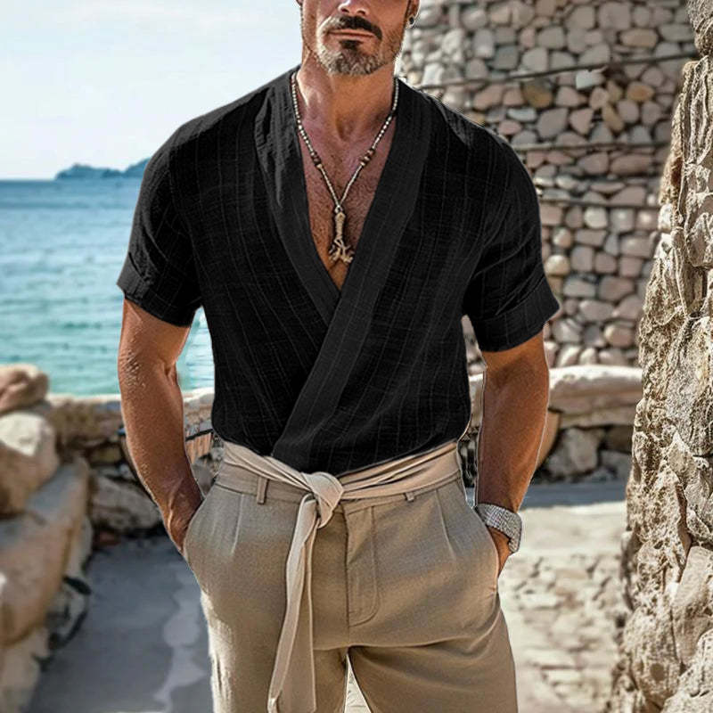 Men's Retro Solid Color Round Neck Raw Edge Short Sleeve T-Shirt