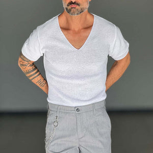 Einfarbiges, kurzärmliges Strick-T-Shirt mit V-Ausschnitt für Herren