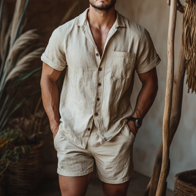 Herren Casual Leinen Revers Kurzarmhemd Elastische Taille Shorts Set
