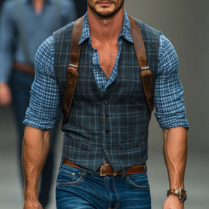 Men's Vintage Plaid Blended V-Neck Slim Vest