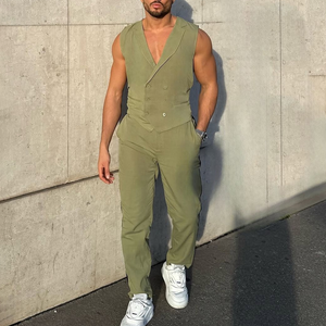 Herren Solide Kerbe Revers Zweireihige Weste Hose Casual Set