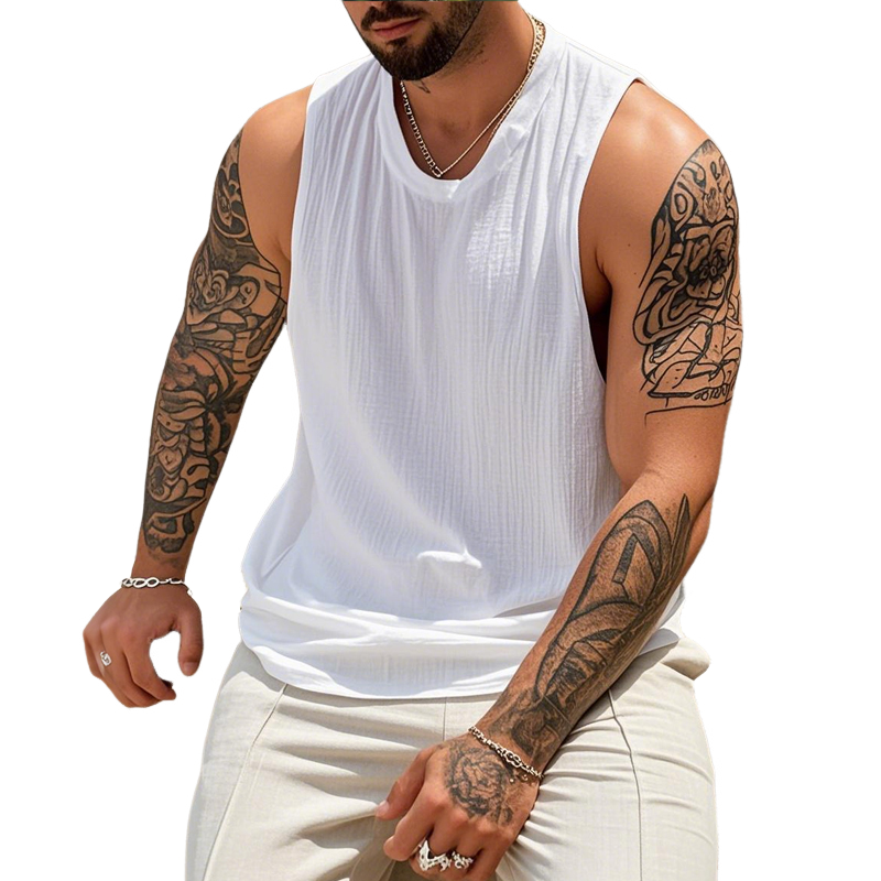 Lässiges Herren-Tanktop aus Baumwolle und Leinen mit Rundhalsausschnitt und Plissee