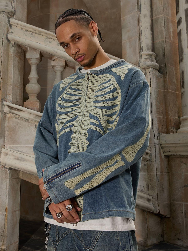 Heavy Bone Embroidered Washed Denim Jacket