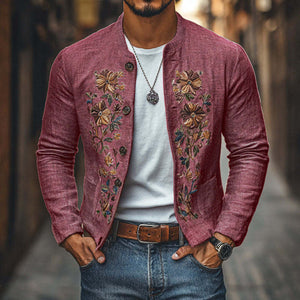 Men's Casual Linen Embroidered Stand Collar Single Breasted Slim Fit Jacket
