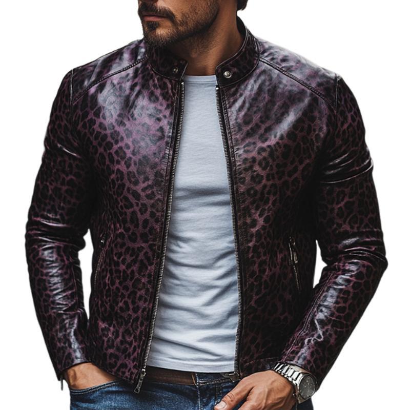 Men's Fashion Leopard Print Stand Collar Zipper Slim Fit Leather Jacket