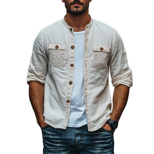 Men's Spring Fashion Personalized Lace Pocket Stitching Cotton And Linen Long Sleeve Shirt