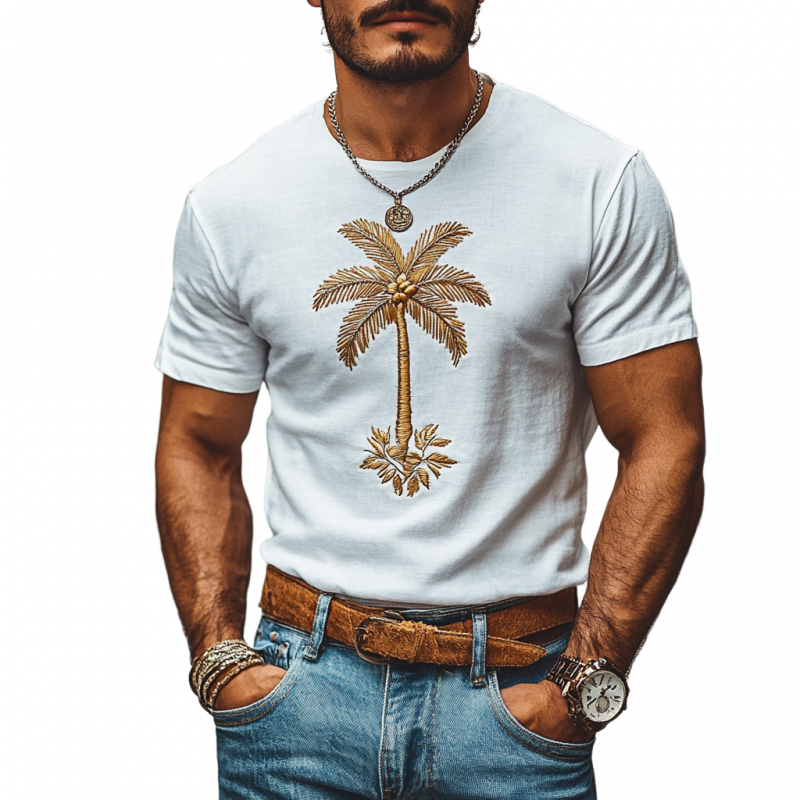 Lässiges Herren-T-Shirt mit Kokosnussbaum-Stickerei, Baumwolle, Rundhalsausschnitt, schmales Kurzarm-T-Shirt