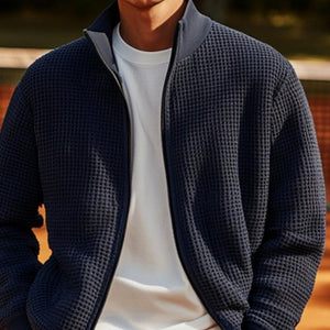 Herren-Cardigan mit Waffelmuster, Stehkragen und Reißverschluss