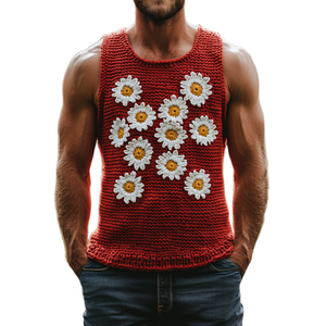 Men's Casual Crew Neck Daisy Embroidered Slim Fit Knitted Tank Top