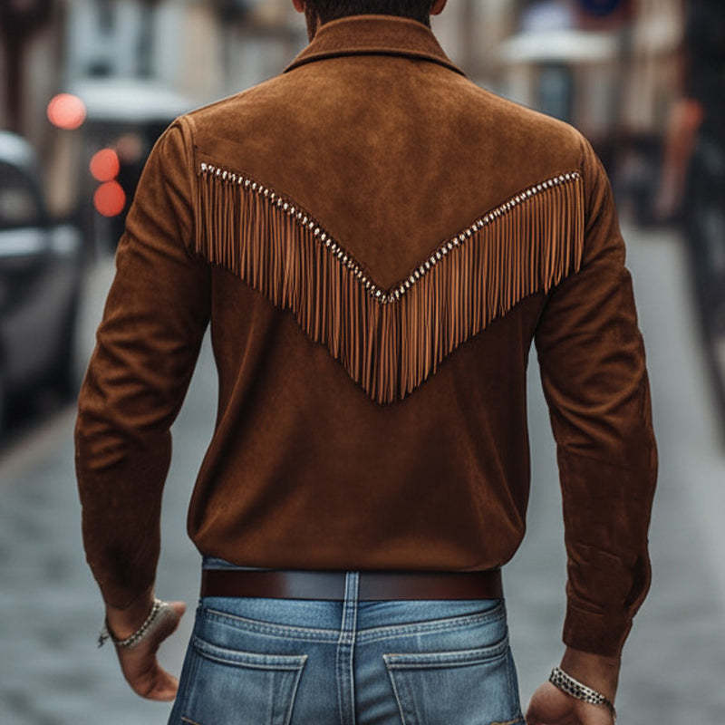 Braunes Wildlederhemd mit Vintage-Revers und Quaste für Herren