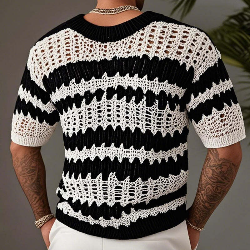 Herren-Strick-T-Shirt mit V-Ausschnitt und kurzen Ärmeln in Kontrastfarbe