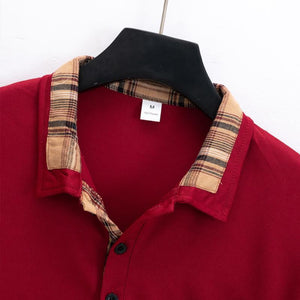 Men's Checked Stitching Lapel Long Sleeve Casual Polo Shirt