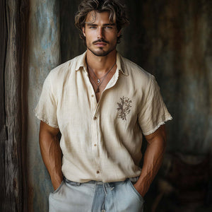 Men's Casual Skin-friendly Khaki Tencel Embroidered Short-sleeved Shirt