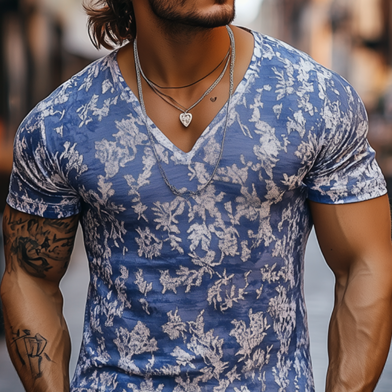 Men's Fashion Casual V-neck Slim Fit Cotton Burnout Fabric Short Sleeve T-shirt