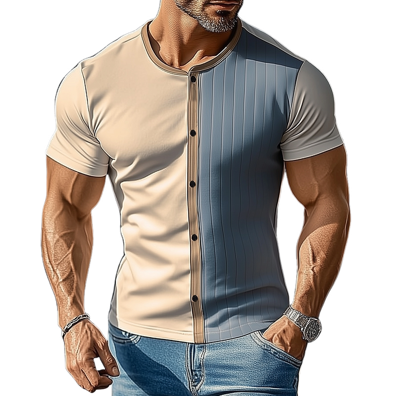 Men's Retro Casual Button Round Neck Short Sleeve T-Shirt