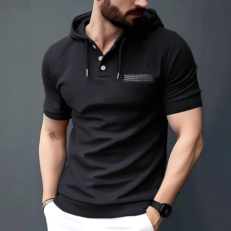 Men's Casual Cotton Patchwork Houndstooth Slim Fit Short Sleeve Hoodie