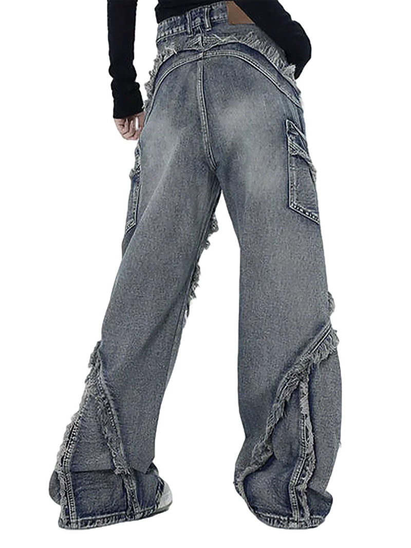 Washed Side Pocket Raw Edge Baggy Jeans