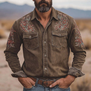 Herren-Jeanshemd mit Vintage-Stickerei und langen Ärmeln