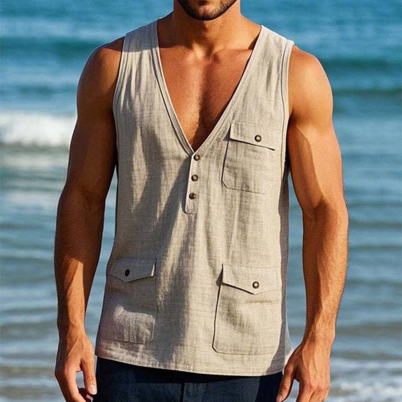 Herren-Tanktop aus Leinen im Vintage-Stil mit mehreren Taschen und V-Ausschnitt
