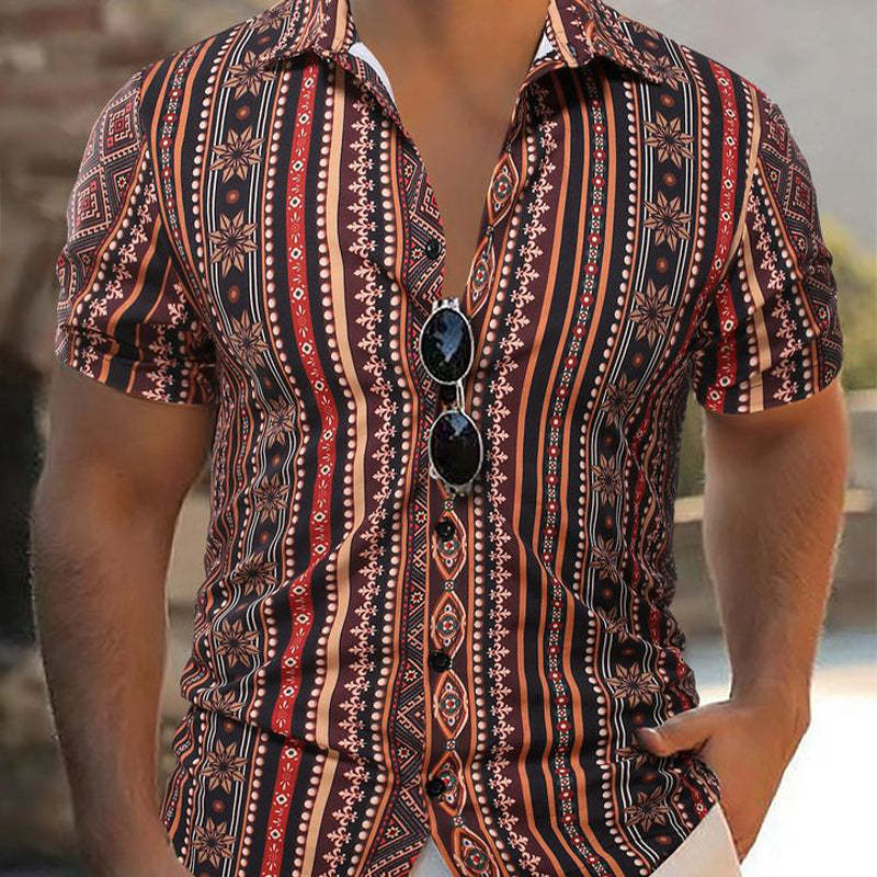 Men's Retro Stripe Print Casual Short Sleeve Shirt