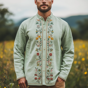 Men's Spring And Summer Fashion Retro Casual Stand-up Collar Embroidered Long-sleeved Shirt