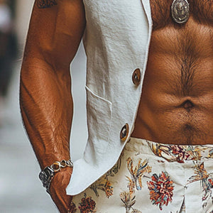 Weiße Herrenmode-Leinenweste mit Anzugkragen