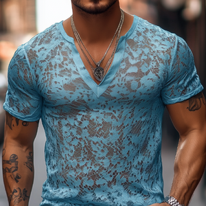 Men's Spring And Summer Fashion Casual V-neck Slim Lace Short Sleeve T-shirt