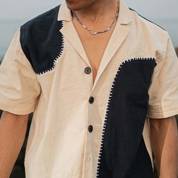 Men's Casual Loose Cotton Contrast Patchwork Short-sleeved Shirt