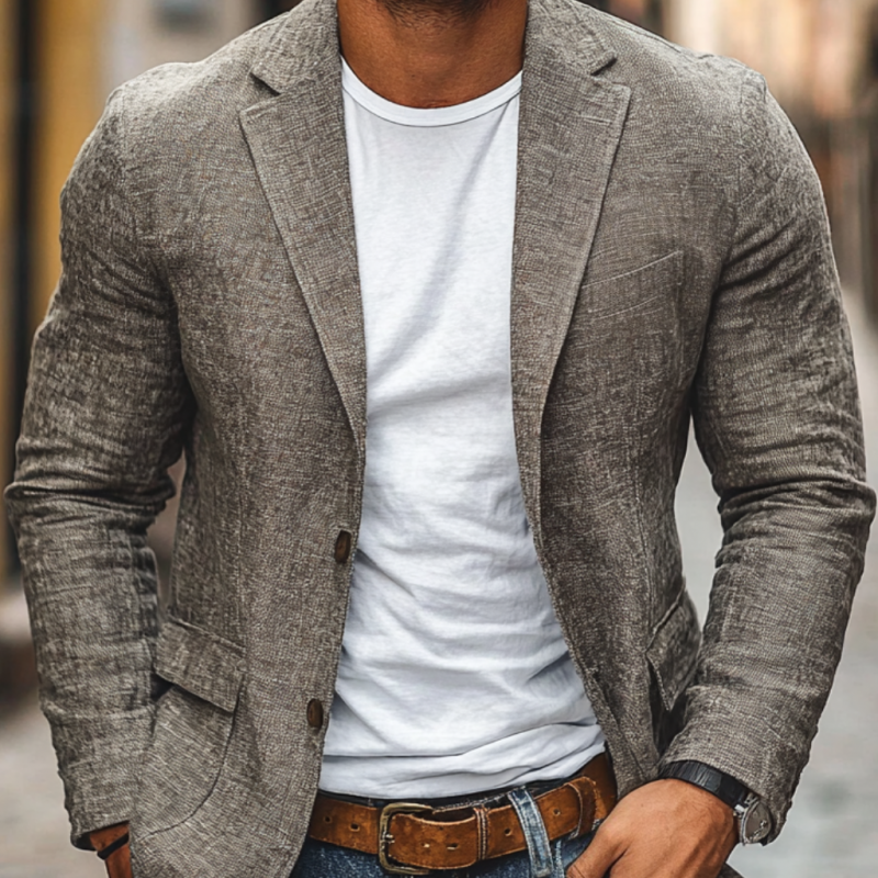 Lässiger Herren-Blazer aus Baumwolle und Leinen mit Revers, einreihig, schmaler Schnitt