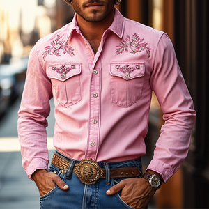 Men's American Retro Western Style Embroidered Long Sleeve Shirt