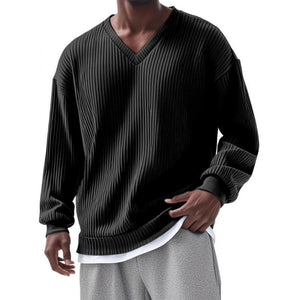 Men's Casual V-neck Striped Loose Long Sleeve T-shirt
