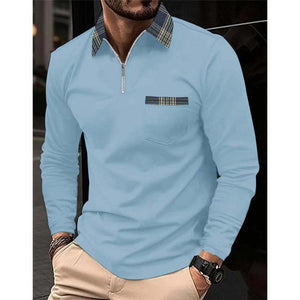 Men's Plaid Printed Stitching Zipper Lapel Pocket Long Sleeve Polo Shirt