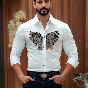 Men's Vintage Eagle Embroidery Cotton Slim Fit Long Sleeve Shirt
